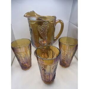 Vintage Indian Irrdentist Harvest Grape Marigold Pitcher/3 Glasses